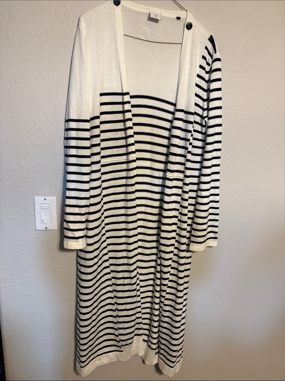CAbi Striped Open-Front Maxi Cardigan  - cream and navy